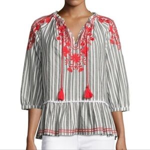 Kate Spade Red Grey Stripe Embroidered Peasant Top Blouse